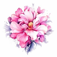 Bright pink hibiscus flower art isolated on white background. Vector watercolor illustration. Watercolor painting of a beautiful colorful flower.