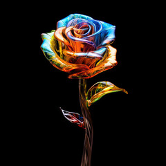 Obraz na płótnie Canvas Colorful rose on a black background 3d render. Close-up. Studio photography. Perfect vibrant colourful rose glass rose on a dark background, macro shot.