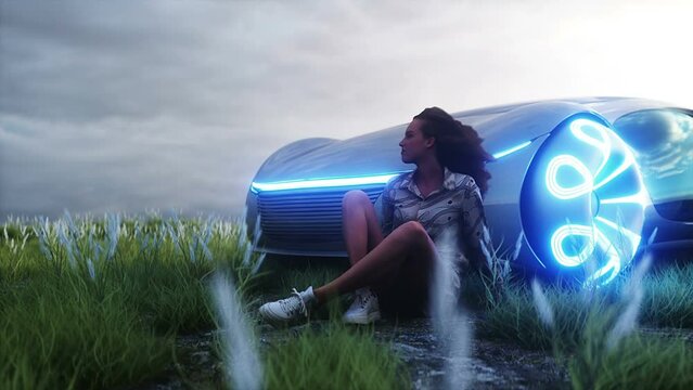 3d girl and futuristic electric car on walley. Future concept. Realistic 4k animation.