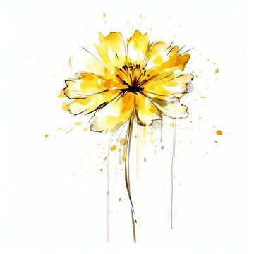 Bright yellow flower art isolated on white background. Vector watercolor illustration. Watercolor painting of a beautiful vibrant flower. .