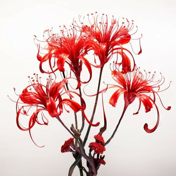 Red spider lily on a black background 3d render. Close-up. Studio photography. Perfect blue glass rose on a dark background, macro shot. .