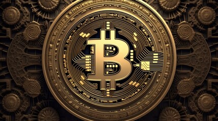 Bitcoin in gold on a dark background. new digital money. Digital money. Decorating using ones own artwork. concentrated attention