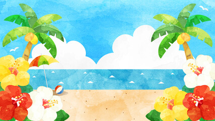 Fototapeta na wymiar ハイビスカスと海などの真夏のビーチをイメージしたイラスト　水彩風加工バージョンアスペクト比16：9