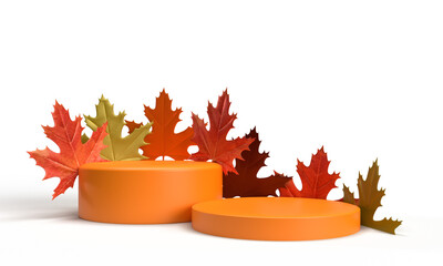 circle round stand stage maple leaf orange red yellow color showcase pedestal display fall of autumn thanksgiving platform presentation promotion cosmetic season beautiful nature minimal texture 