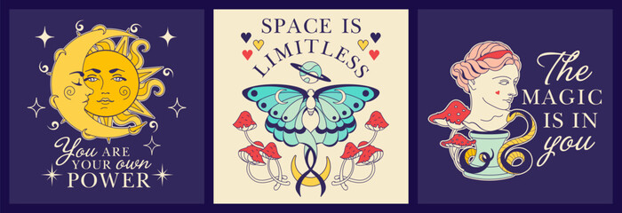 Collection of mystic beauty Inspirational, bohemian prints with quotes, uplift spirits and self-power. Magic vibe aesthetic. Vintage celestial vision graphic. Positive motivational energy.