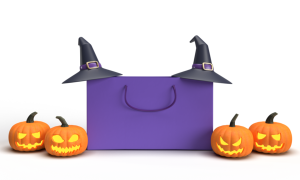 bag violet purple gradient color hat black color pumpkin orange yellow color fruit vegetable symbol happy halloween october 31 thirty one horror sale evil spooky offer event trick of treat promotion 