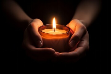 Burning candle in female hands with selective focus. AI generated, human enhanced - obrazy, fototapety, plakaty