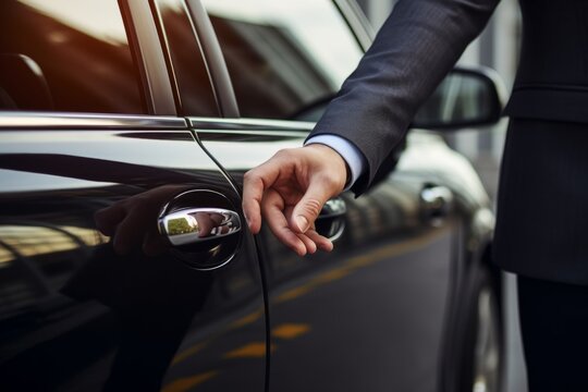 A businessman's hand reaches for the door of a luxury car. Background with selective focus