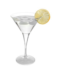 Martini glass of refreshing cocktail with lemon and ice cubes isolated on white