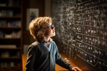 The little genius boy solves the task at the blackboard in the classroom. Back To School concept