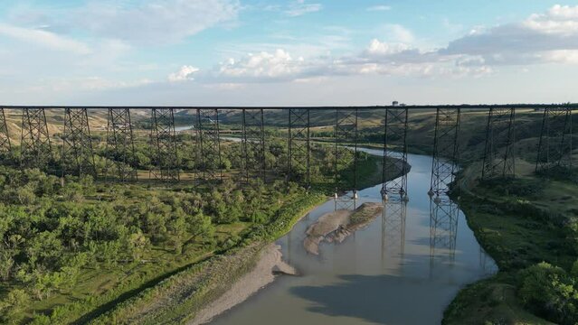 Aerial drone footage over the Lethbridge Viaduct in the town of Lethbridge, Alberta, Canada