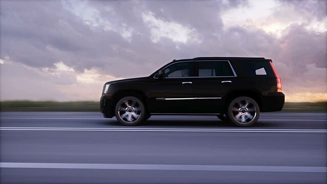 big black luxury car on highway. Very fast driving.