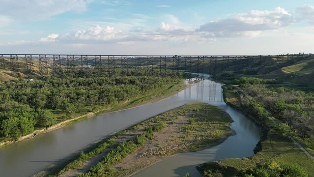 Aerial drone footage over the Lethbridge Viaduct in the town of Lethbridge, Alberta, Canada