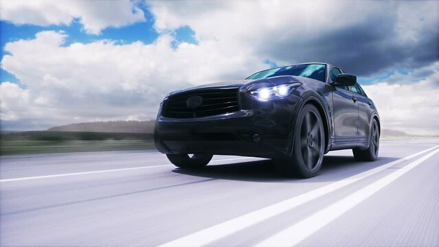 Luxury black car on highway. Very fast driving.