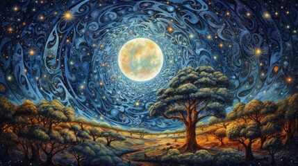 wonderful oil painting The universe enormous, majestic moon is surrounded by stars. Artwork for books with a cosmic theme that is imaginative and links to images