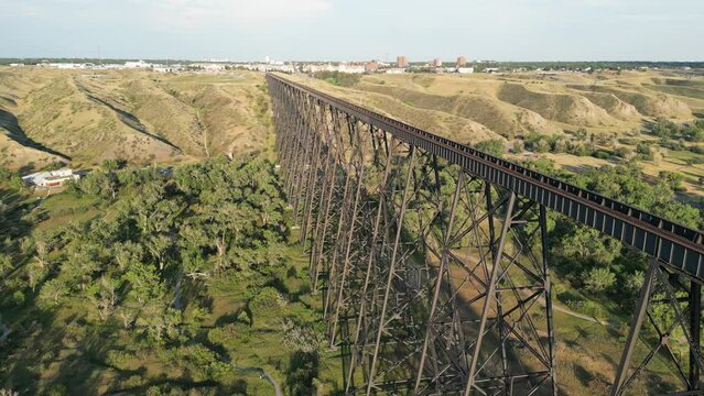 Aerial drone footage over the Lethbridge Viaduct in the town of Lethbridge, Alberta, Canada