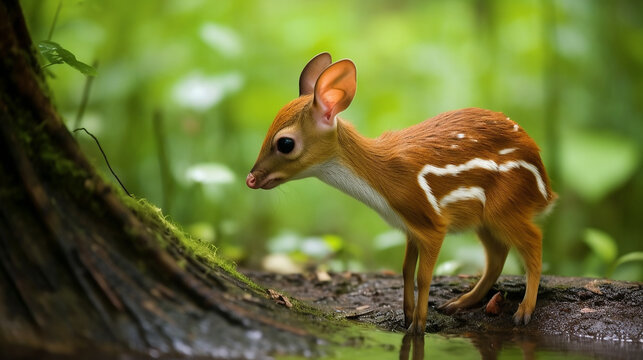A graceful mouse deer, with its delicate features, slender body, and large eyes, embodying the charm and elegance of this unique animal. Generative AI