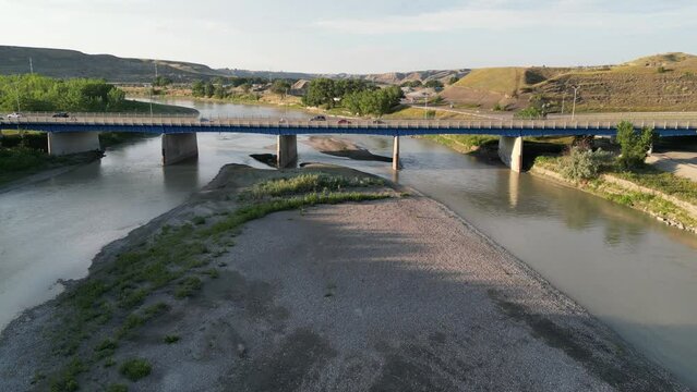 Aerial drone footage over the Lethbridge Viaduct in the town of Lethbridge, Alberta, Canada