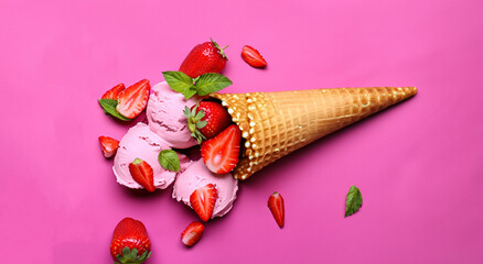 delicious ice cream cone with strawberry ice cream