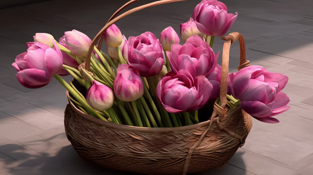pink tulips in a basket HD 8K wallpaper Stock Photographic Image