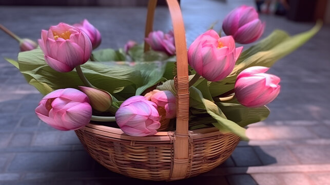 pink tulips in basket HD 8K wallpaper Stock Photographic Image
