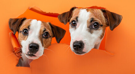 beautiful dog coming out of an orange paper wall in high definition and sharpness. pet concept