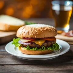 hamburger on plate with beer Generative AI