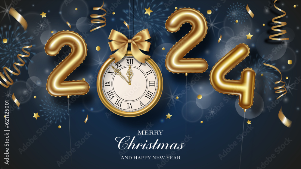 Wall mural happy new year background with gold balloons and gold clock. 2024 poster