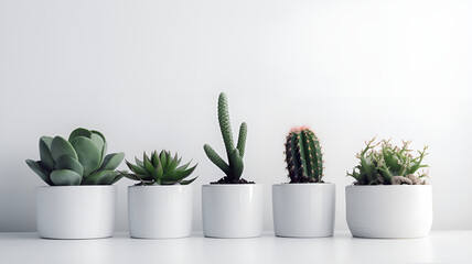 cactus in pots lined up against a white background