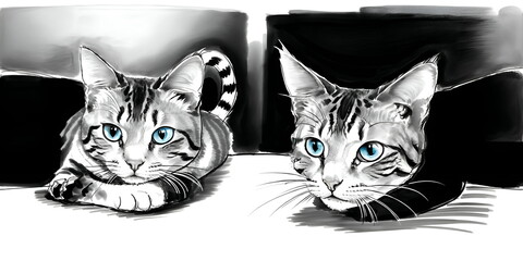 Premium black and white cats illustration ,thin line Art work