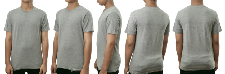 Blank shirt mock up template, front, side and back view, Asian teenage male model wearing plain heather grey t-shirt isolated on white. Tee design mockup presentation for print