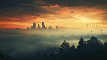 Fototapeta premium A city skyline obscured by smog, smoke and pollution. Generative AI. 