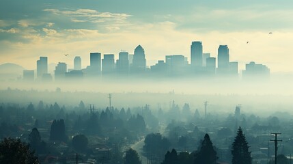 A city skyline obscured by smog, smoke and pollution. Generative AI. 