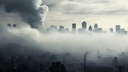 Fototapeta premium A city skyline obscured by smog, smoke and pollution. Generative AI. 