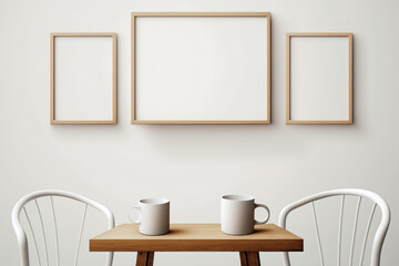 wooden chairs and coffee cups on wood table with empty frame hanging on white wall background and copy space your text design-illustration. Generative AI