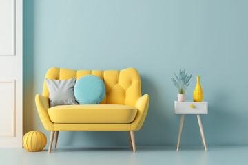 yellow sofa, light blue room. Minimalism. pastel hues. Generative AI