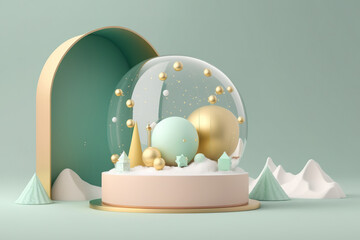 With a gold platform, green and pastel blue shapes, balls, and a gift box, the snow globe. A simple scene with a podium, a stage, and holiday periodicals, posters, and banners. Generative AI