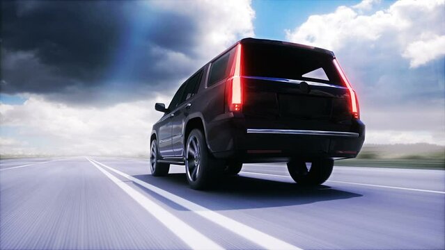 big black luxury car on highway. Very fast driving.