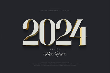 Happy new year 2024 celebration design. With classic 3d numbers on black background. Premium vector background for 2024 greetings, celebrations and events.