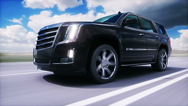 big black luxury car on highway. Very fast driving.
