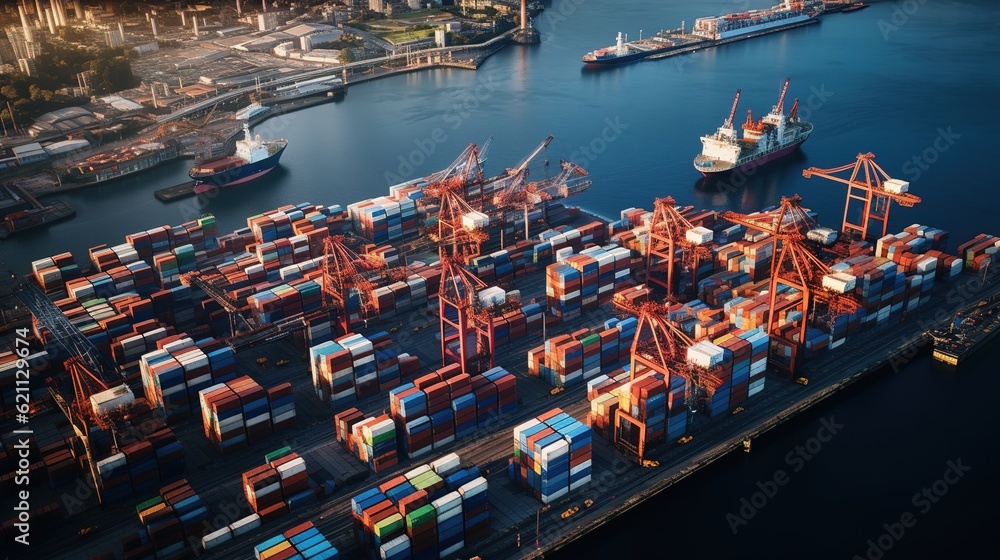 Poster aerial view of the port's containers.. with generative ai