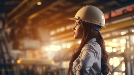 beautiful woman worker wearing a hat to prevent accidents, standing with her arms crossed, confident in the construction contract with generative ai