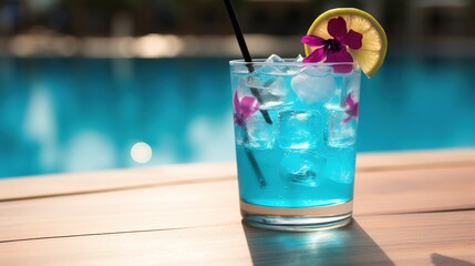 Blue Hawaiian classic cocktail at poolside bar, generative ai