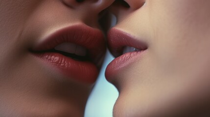 Close up cropped portrait of charming different persons couple tempting lips wear nothing pure aesthetic with generative ai
