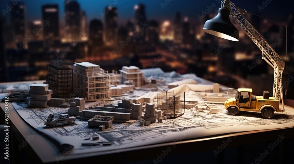 Poster concept architect and desk of architectural project in construction site or office building with min