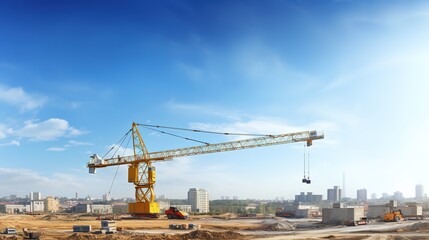 Fototapeta na wymiar construction site and yellow crane on the background blue sky, panoramic mockup, generative ai
