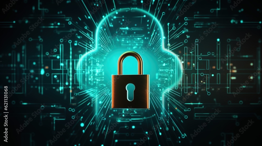 Poster data protection and security. a padlock is used to secure a virtual network connection., with genera