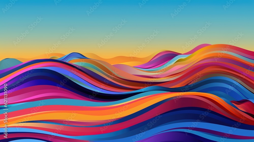 Fototapete digital generated image of abstract multi coloured stripe patterned landscape on blue background. wi