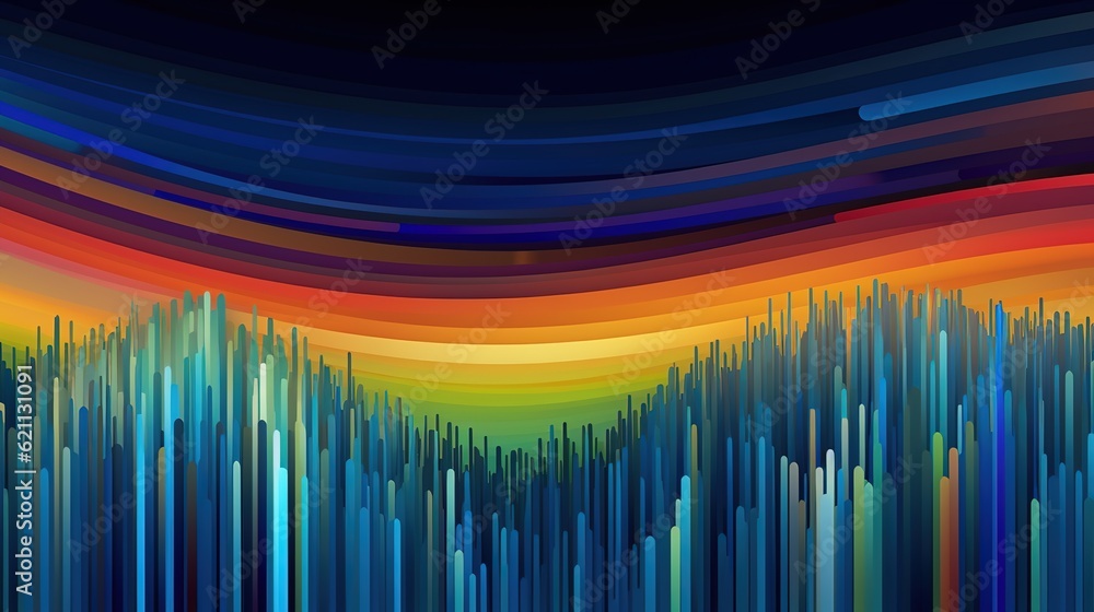 Poster digital generated image of abstract multi coloured stripe patterned landscape on blue background. wi
