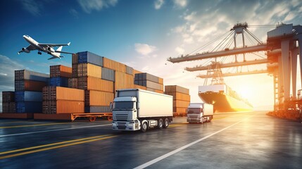 container truck ,ship in port and freight cargo plane in transport and import-export commercial logistic ,shipping business industry with generative ai - obrazy, fototapety, plakaty